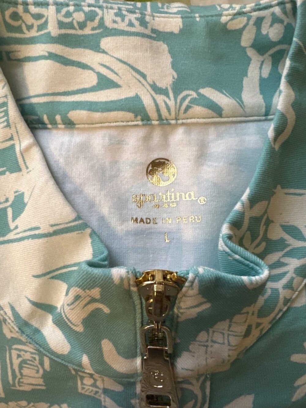 Spartina 449 Aqua Toile 1/2 Zip Pullover Womens Size L Long Sleeve Made In Peru - Picture 6 of 6